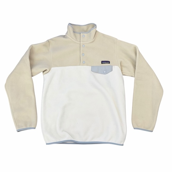 Patagonia Fleece Lightweight Synchilla Pullover White Cream Blue Trim Small - Picture 1 of 6